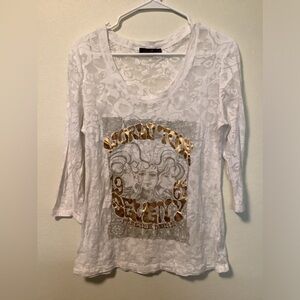 Seven 7 Women’s 3/4 sleeves burn out white scoop neck tee bronze world tour logo
